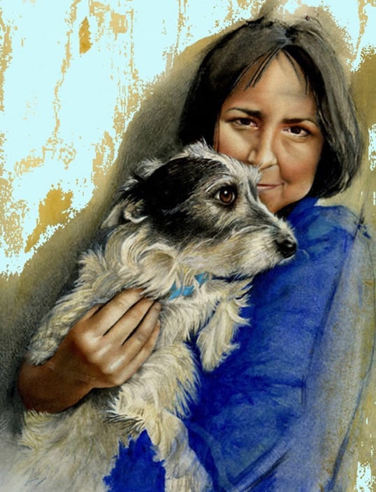 Sue with Millie. Watercolour and acrylic on board. 2007