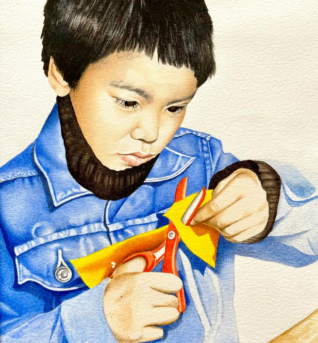 ‘Boy cutting’ Watercolour
